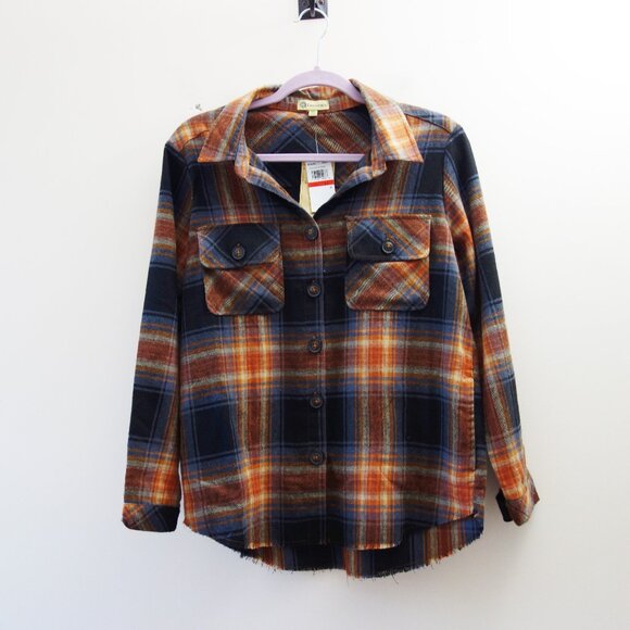 Democracy Womens Plaid Button Down Oversized Shirt Size (XS)Orange Raw Hem - Picture 1 of 8